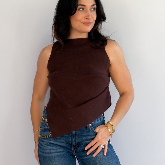 Women's Chocolate Brown Asymmetrical Mock Neck Knit Top - Picture 1 of 8